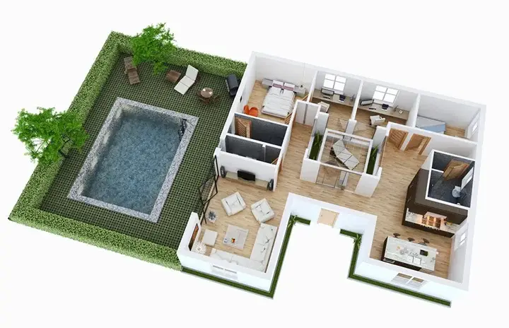 Inspirasi Denah Rumah Mewah 2 Lantai dengan Kolam Renang 3D